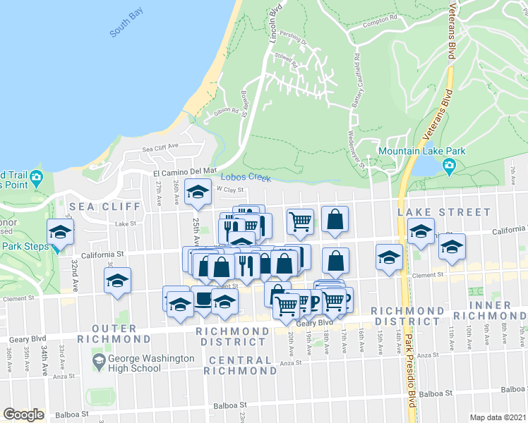 map of restaurants, bars, coffee shops, grocery stores, and more near 149 21st Avenue in San Francisco