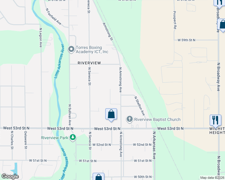 map of restaurants, bars, coffee shops, grocery stores, and more near 5501-5599 Salina Street in Wichita