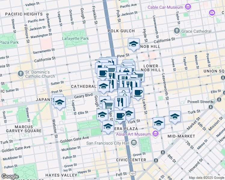 map of restaurants, bars, coffee shops, grocery stores, and more near 1101 Van Ness Avenue in San Francisco