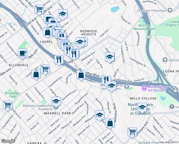 map of restaurants, bars, coffee shops, grocery stores, and more near 3600 Green Acre Road in Oakland