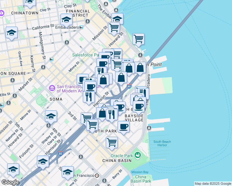 map of restaurants, bars, coffee shops, grocery stores, and more near 511 Harrison Street in San Francisco