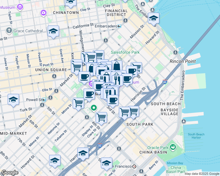 map of restaurants, bars, coffee shops, grocery stores, and more near 50 Hawthorne Street in San Francisco