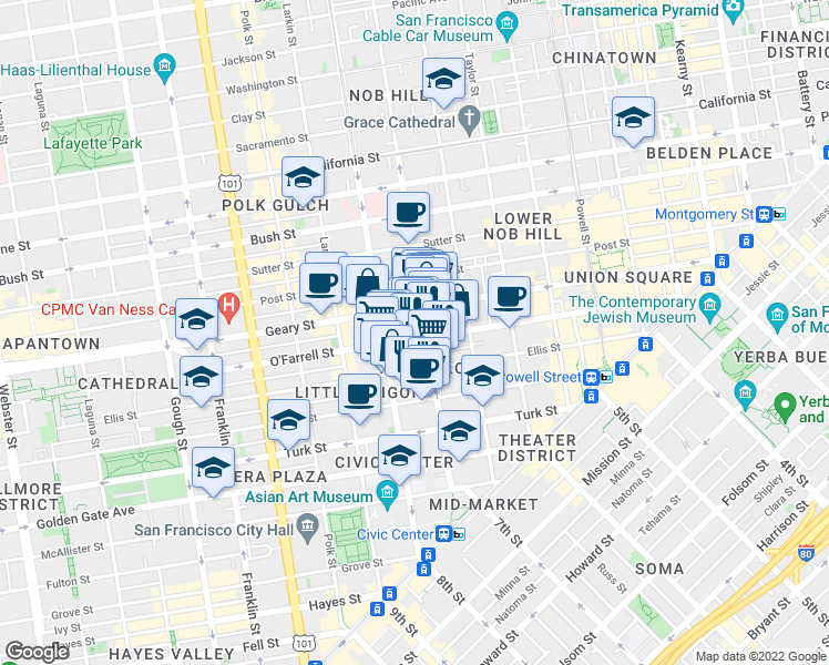 map of restaurants, bars, coffee shops, grocery stores, and more near in San Francisco