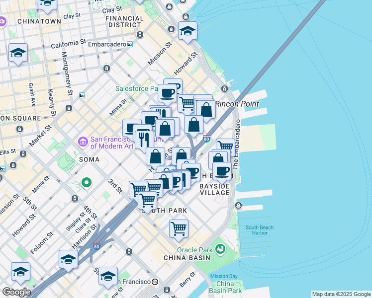 map of restaurants, bars, coffee shops, grocery stores, and more near 511 Harrison Street in San Francisco