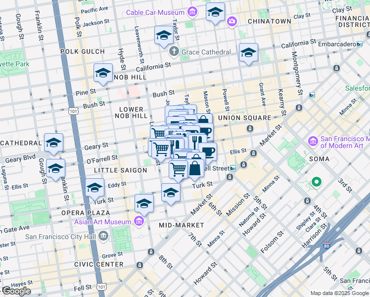 map of restaurants, bars, coffee shops, grocery stores, and more near 344 Ellis Street in San Francisco