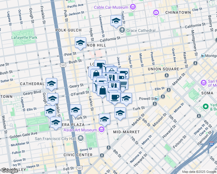 map of restaurants, bars, coffee shops, grocery stores, and more near in San Francisco