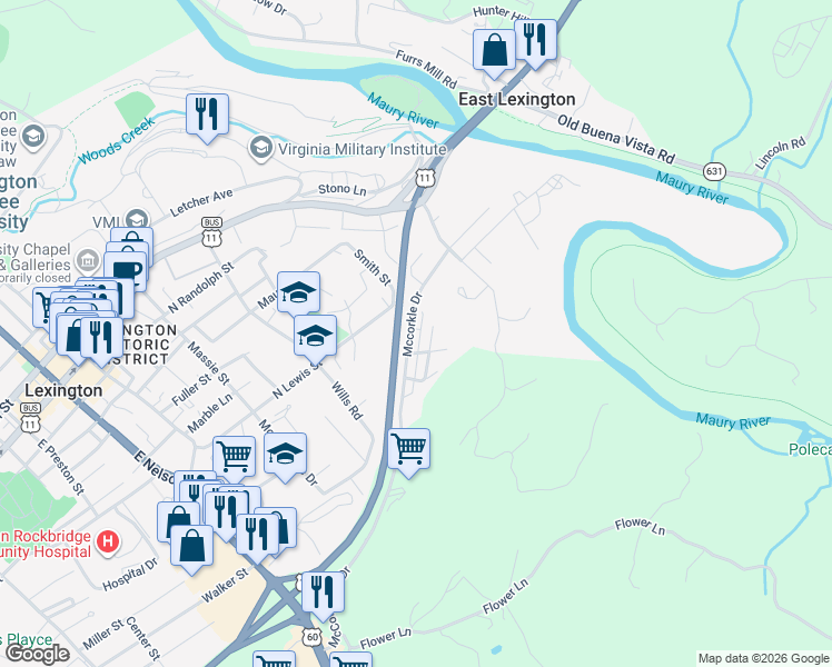 map of restaurants, bars, coffee shops, grocery stores, and more near 407 Mccorkle Drive in Lexington