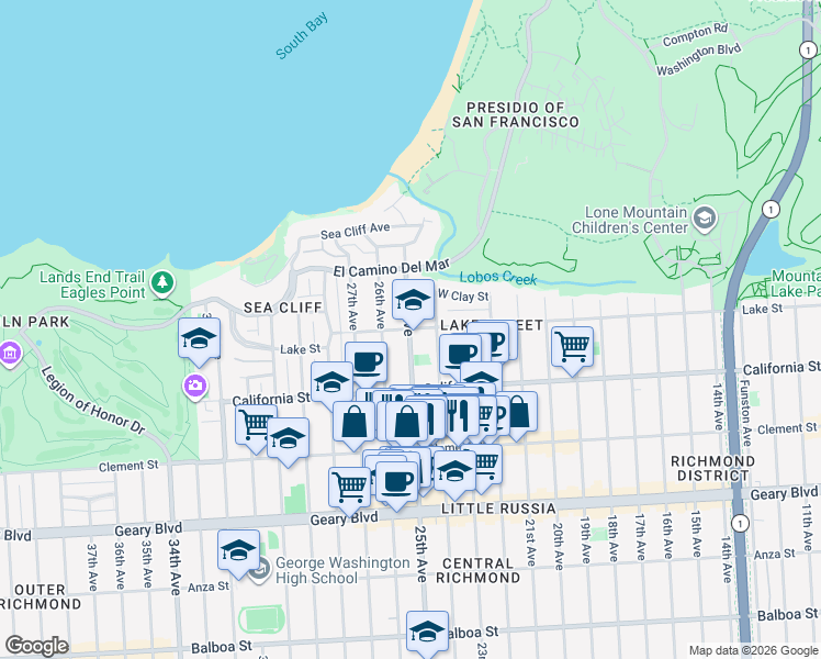 map of restaurants, bars, coffee shops, grocery stores, and more near 25th Avenue & Lake Street in San Francisco