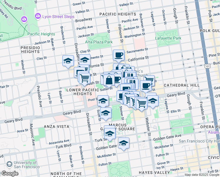 map of restaurants, bars, coffee shops, grocery stores, and more near 2168 Sutter Street in San Francisco