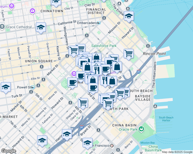 map of restaurants, bars, coffee shops, grocery stores, and more near in San Francisco