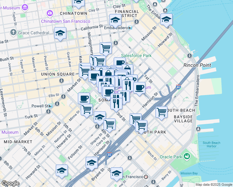 map of restaurants, bars, coffee shops, grocery stores, and more near 50 Hawthorne Street in San Francisco