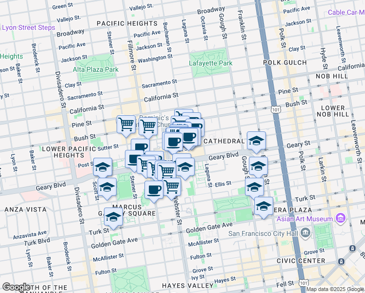 map of restaurants, bars, coffee shops, grocery stores, and more near 1737 Post Street in San Francisco