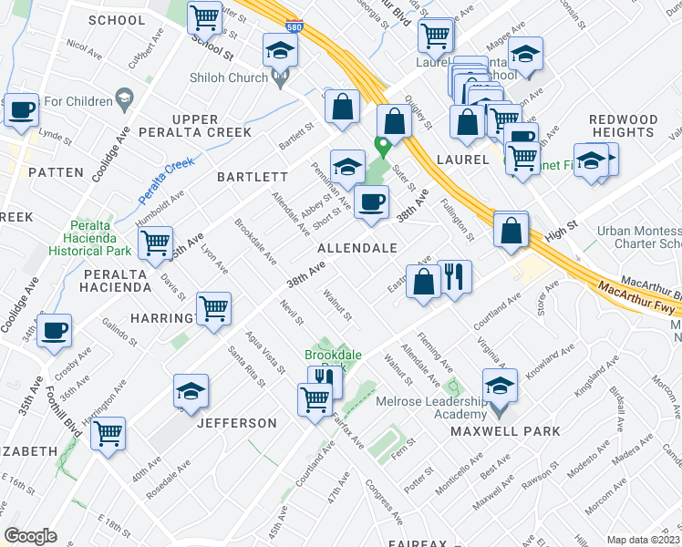 map of restaurants, bars, coffee shops, grocery stores, and more near 3898 Allendale Avenue in Oakland