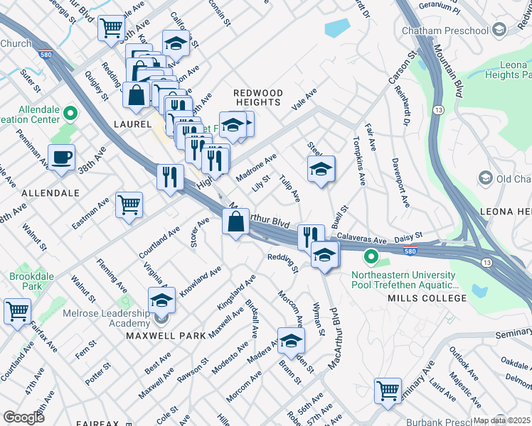 map of restaurants, bars, coffee shops, grocery stores, and more near 4550 MacArthur Boulevard in Oakland