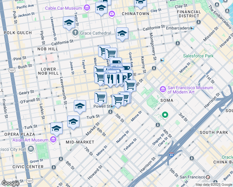 map of restaurants, bars, coffee shops, grocery stores, and more near 72 Ellis Street in San Francisco