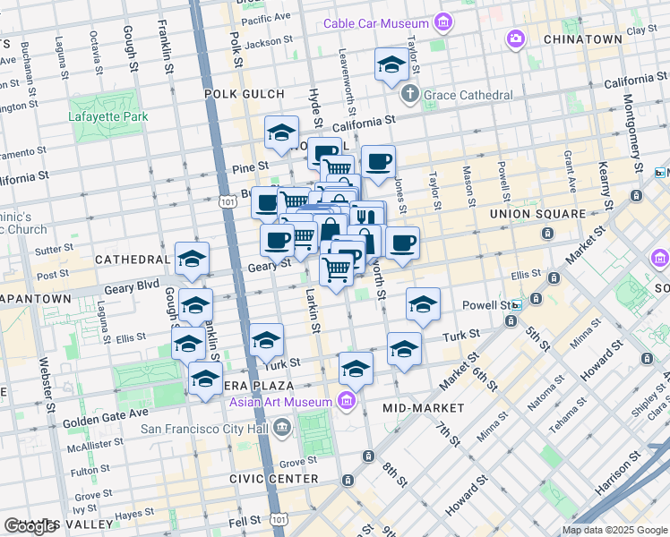 map of restaurants, bars, coffee shops, grocery stores, and more near 610 Hyde Street in San Francisco