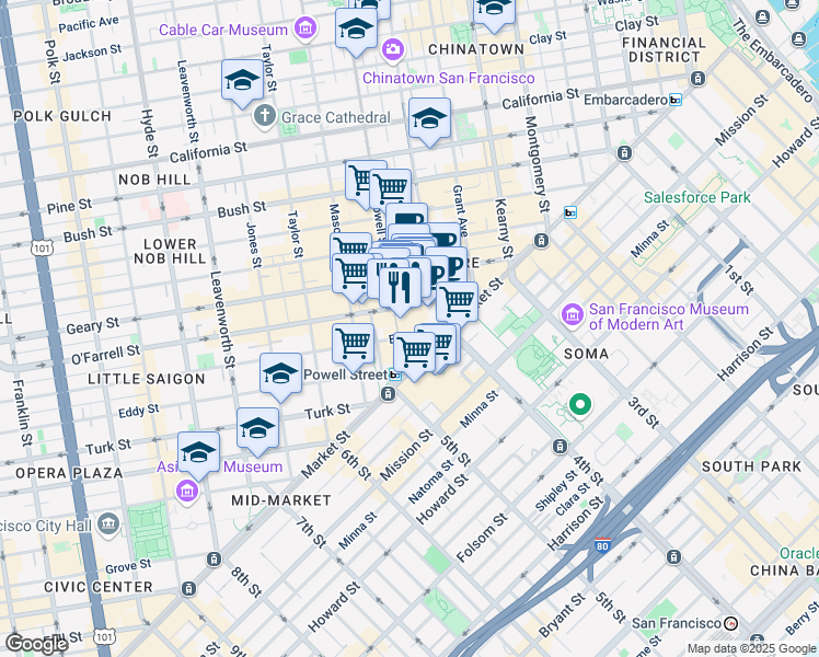 map of restaurants, bars, coffee shops, grocery stores, and more near 72 Ellis Street in San Francisco