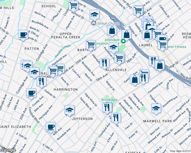 map of restaurants, bars, coffee shops, grocery stores, and more near 2618 Short Street in Oakland