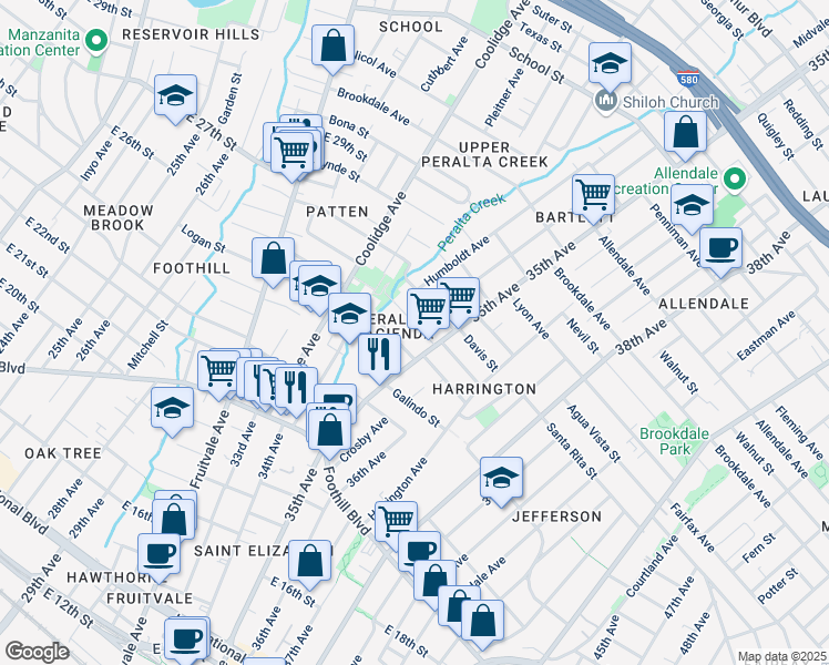 map of restaurants, bars, coffee shops, grocery stores, and more near 3456 Paxton Avenue in Oakland