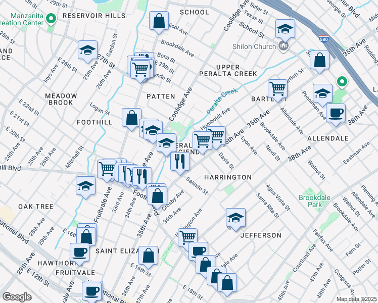 map of restaurants, bars, coffee shops, grocery stores, and more near 3456 Paxton Avenue in Oakland
