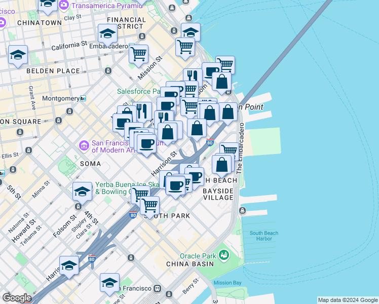 map of restaurants, bars, coffee shops, grocery stores, and more near in San Francisco