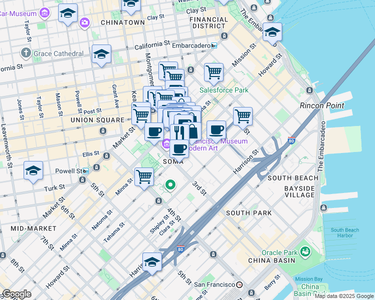 map of restaurants, bars, coffee shops, grocery stores, and more near 111-121 New Montgomery Street in San Francisco
