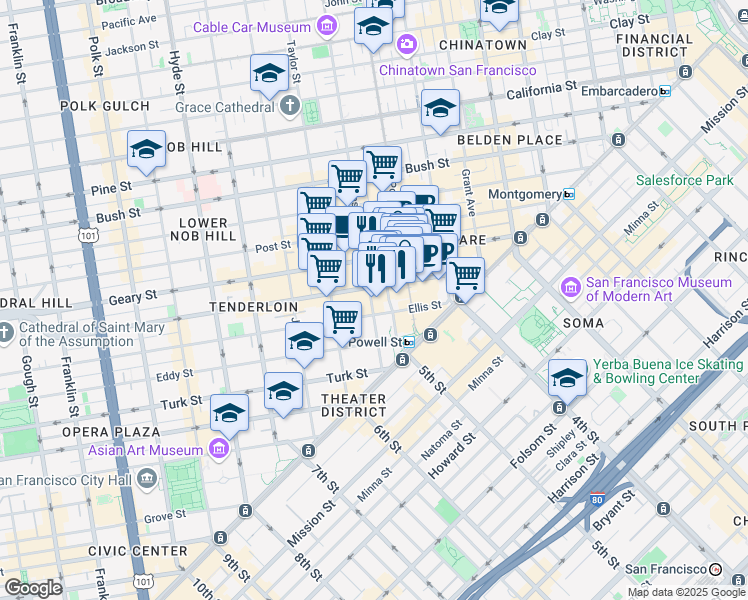 map of restaurants, bars, coffee shops, grocery stores, and more near 218 O'Farrell Street in San Francisco