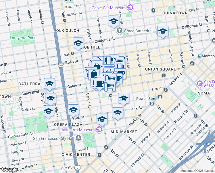 map of restaurants, bars, coffee shops, grocery stores, and more near in San Francisco