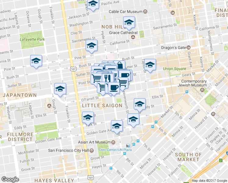 map of restaurants, bars, coffee shops, grocery stores, and more near 610 Hyde Street in San Francisco
