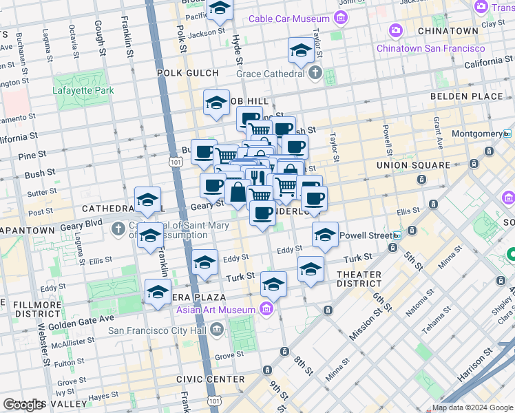map of restaurants, bars, coffee shops, grocery stores, and more near 610 Hyde Street in San Francisco