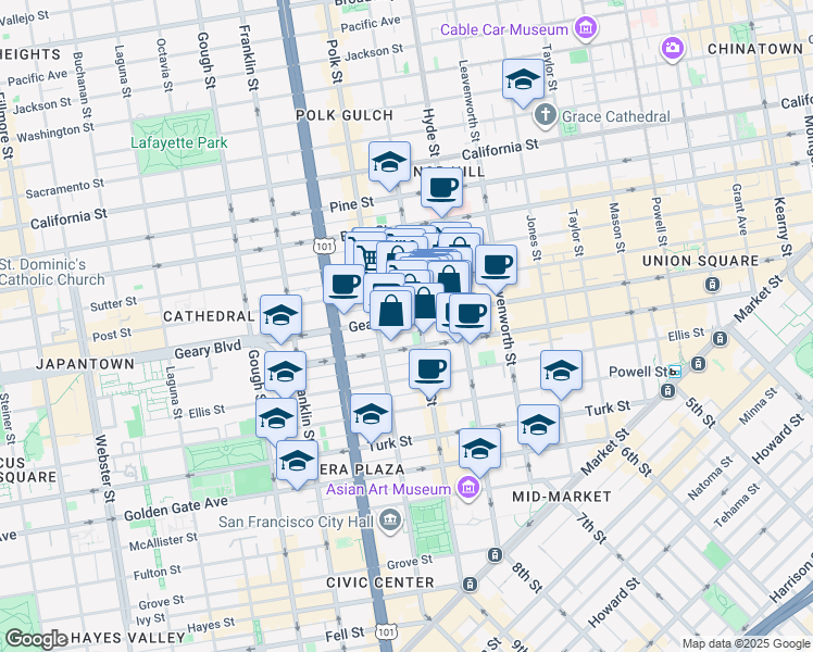 map of restaurants, bars, coffee shops, grocery stores, and more near 920 Larkin Street in San Francisco