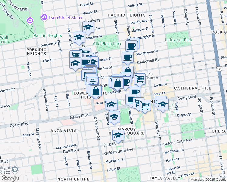 map of restaurants, bars, coffee shops, grocery stores, and more near in San Francisco