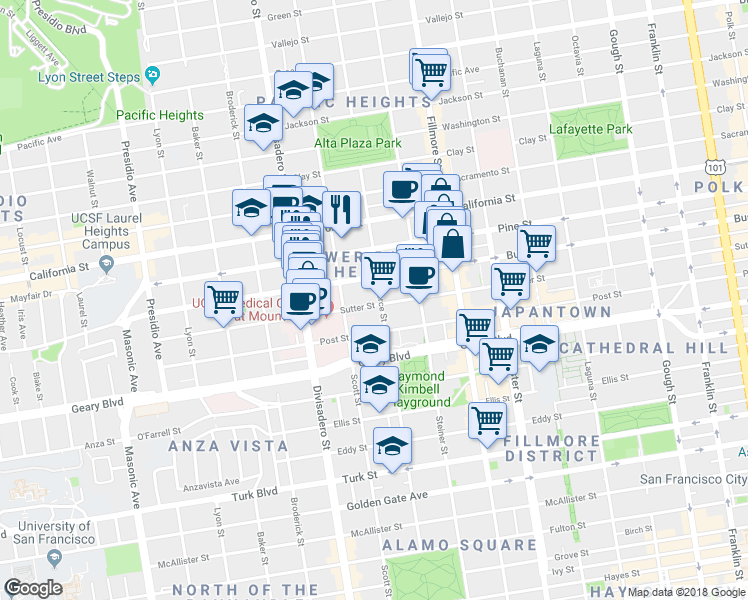 map of restaurants, bars, coffee shops, grocery stores, and more near in San Francisco