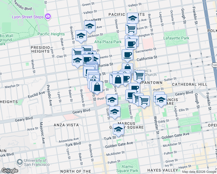map of restaurants, bars, coffee shops, grocery stores, and more near in San Francisco