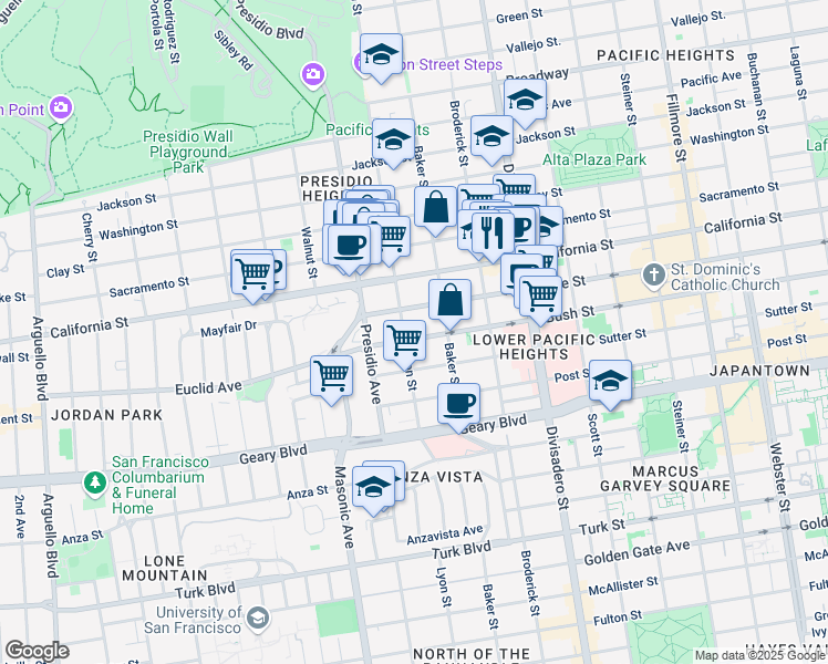 map of restaurants, bars, coffee shops, grocery stores, and more near 1662 Lyon Street in San Francisco