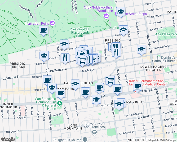 map of restaurants, bars, coffee shops, grocery stores, and more near 3530 California Street in San Francisco