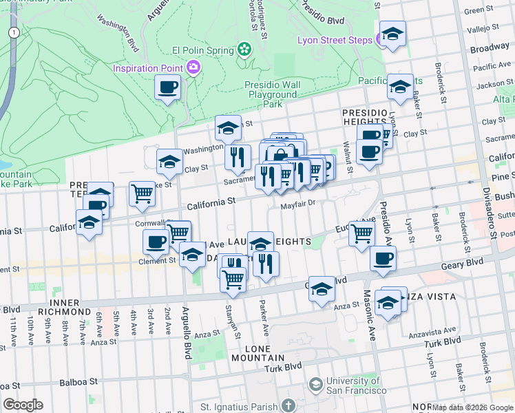 map of restaurants, bars, coffee shops, grocery stores, and more near 3624 California Street in San Francisco