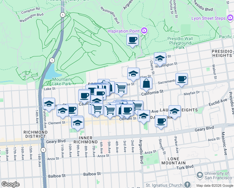 map of restaurants, bars, coffee shops, grocery stores, and more near 115 3rd Avenue in San Francisco