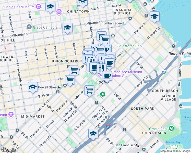 map of restaurants, bars, coffee shops, grocery stores, and more near 130 3rd Street in San Francisco
