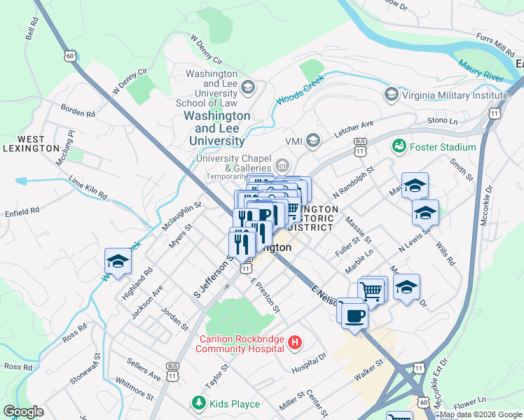 map of restaurants, bars, coffee shops, grocery stores, and more near 112 West Washington Street in Lexington
