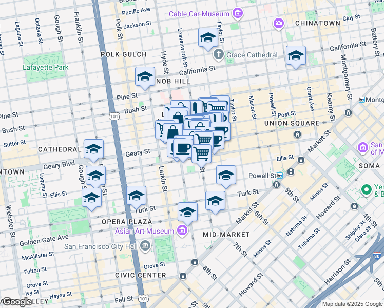 map of restaurants, bars, coffee shops, grocery stores, and more near 540 Leavenworth Street in San Francisco