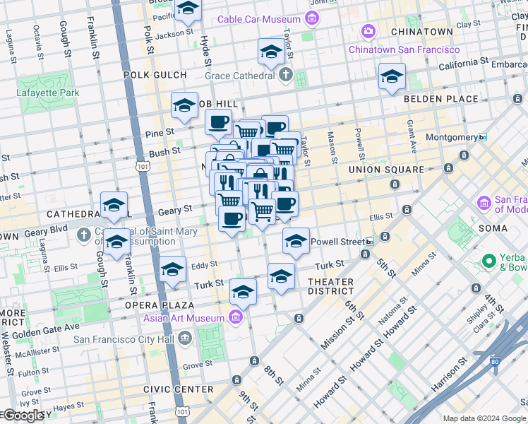map of restaurants, bars, coffee shops, grocery stores, and more near in San Francisco
