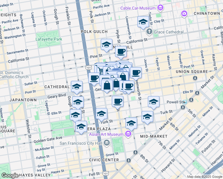 map of restaurants, bars, coffee shops, grocery stores, and more near 926 Larkin Street in San Francisco