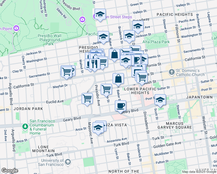 map of restaurants, bars, coffee shops, grocery stores, and more near 1662 Lyon Street in San Francisco