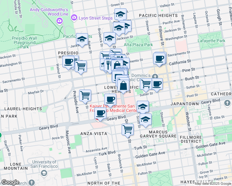 map of restaurants, bars, coffee shops, grocery stores, and more near 2655 Bush Street in San Francisco