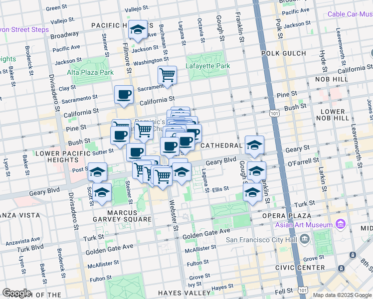 map of restaurants, bars, coffee shops, grocery stores, and more near 1795 Sutter Street in San Francisco