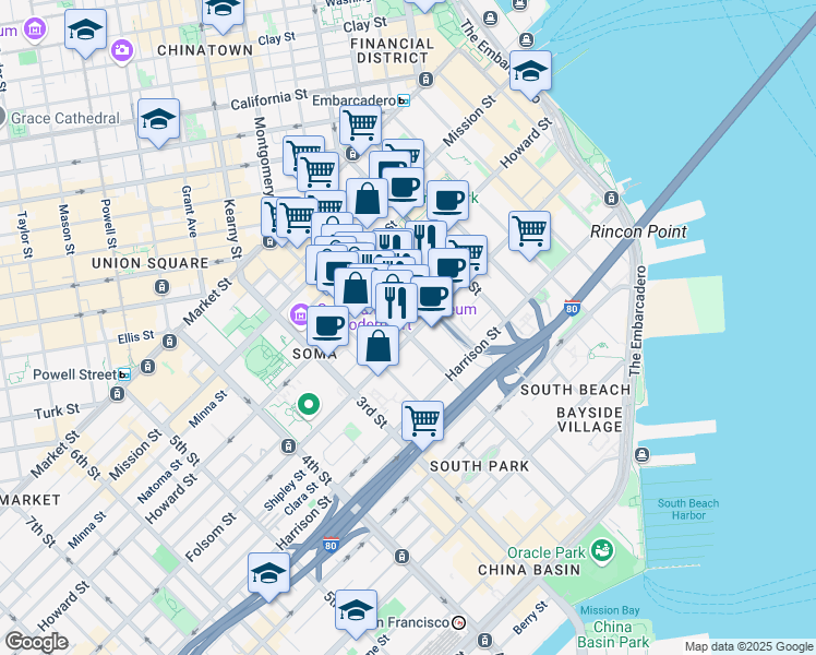 map of restaurants, bars, coffee shops, grocery stores, and more near 299 2nd Street in San Francisco