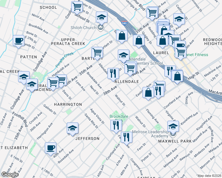 map of restaurants, bars, coffee shops, grocery stores, and more near 2724 Viola Street in Oakland