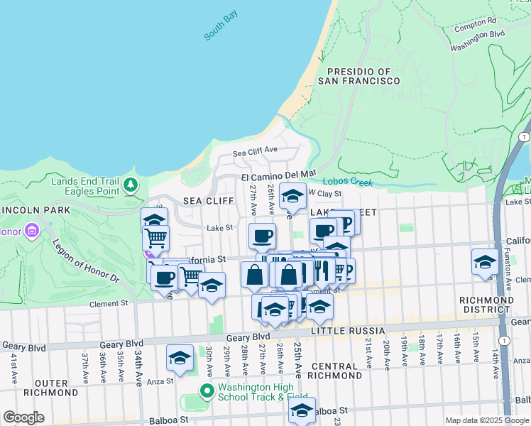 map of restaurants, bars, coffee shops, grocery stores, and more near 2518 Lake Street in San Francisco