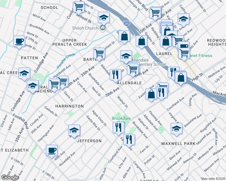 map of restaurants, bars, coffee shops, grocery stores, and more near 2635 38th Avenue in Oakland